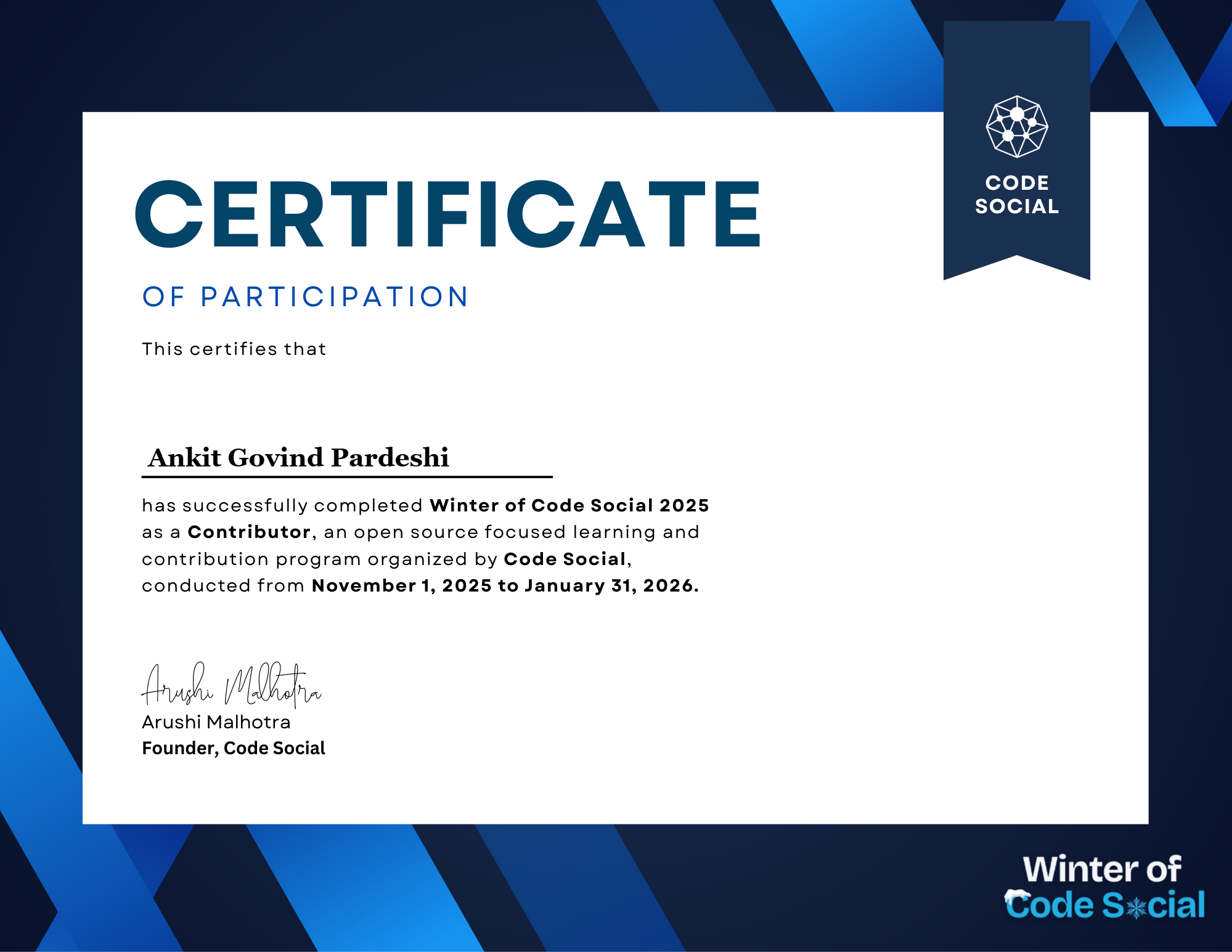 Winter of Code Social Certificate Placeholder